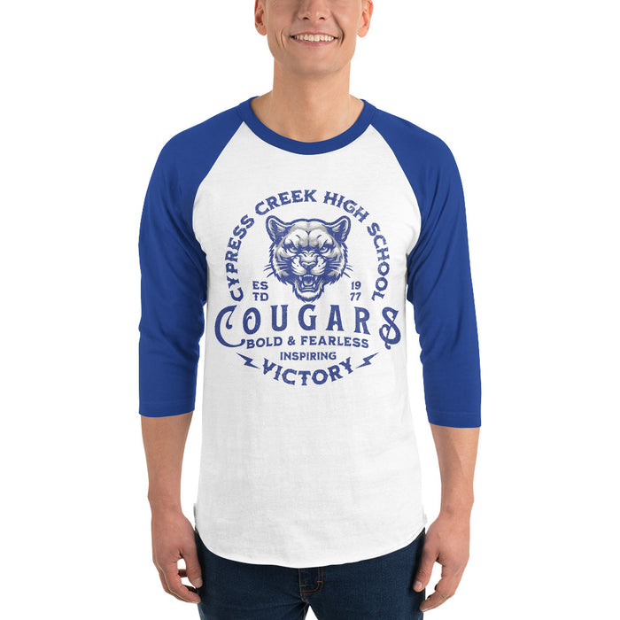 Man wearing Cypress Creek High School Cougars Unisex 3/4 sleeve Raglan T-shirt 208