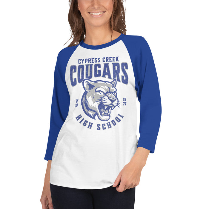 Woman wearing Cypress Creek High School Cougars Unisex 3/4 sleeve Raglan T-shirt 213