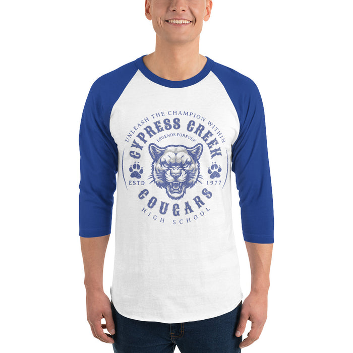 Man wearing Cypress Creek High School Cougars Unisex 3/4 sleeve Raglan T-shirt 214