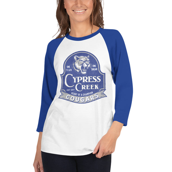 Woman wearing Cypress Creek High School Cougars Unisex 3/4 sleeve Raglan T-shirt 215