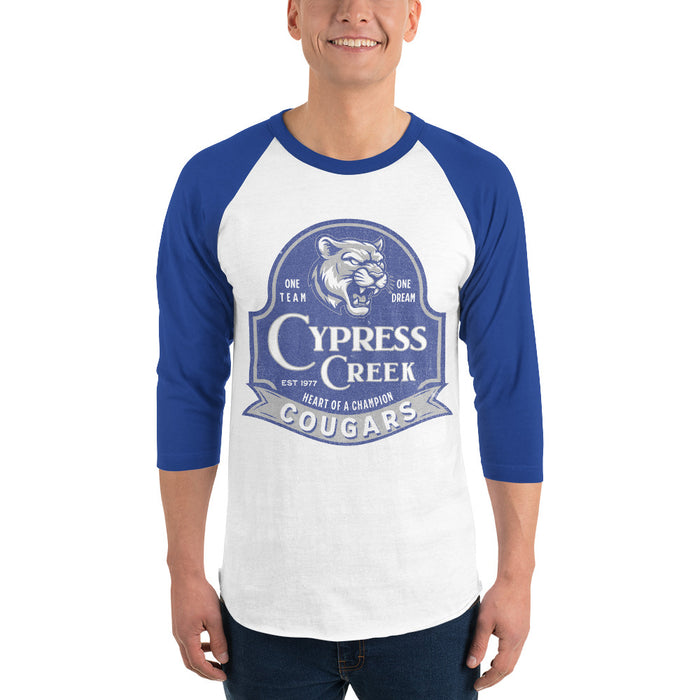 Man wearing Cypress Creek High School Cougars Unisex 3/4 sleeve Raglan T-shirt 215