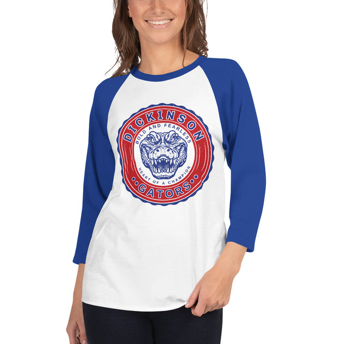 Woman wearing Dickinson High School Gators Unisex 3/4 sleeve Raglan T-shirt 216