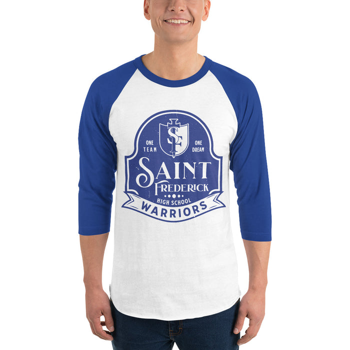 Man wearing St. Frederick High School Warriors Unisex 3/4 Sleeve Raglan T-shirt 219