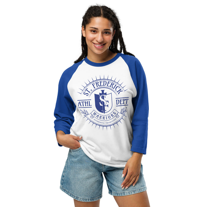 Woman wearing St. Frederick High School Warriors Unisex 3/4 Sleeve Raglan T-shirt 201