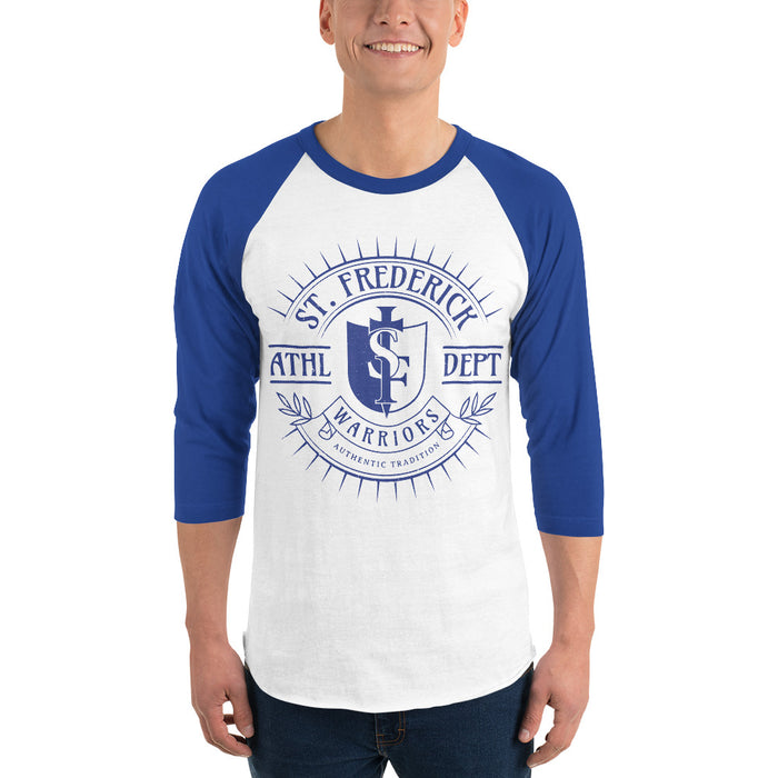 Man wearing St. Frederick High School Warriors Unisex 3/4 Sleeve Raglan T-shirt 201