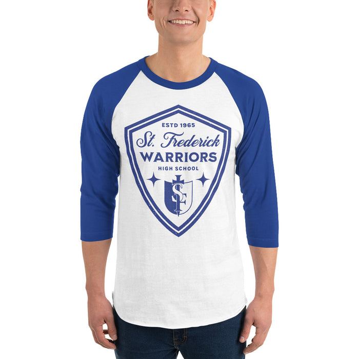 Man wearing St. Frederick High School Warriors Unisex 3/4 Sleeve Raglan T-shirt 225