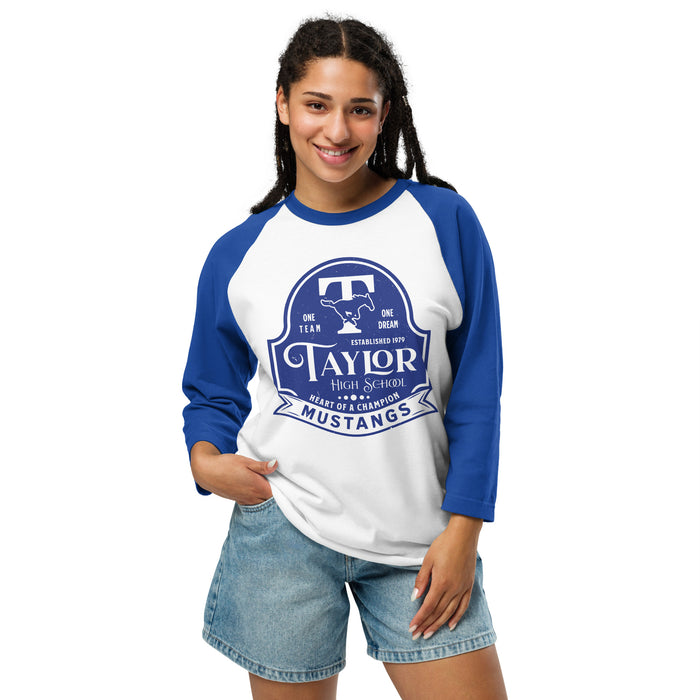 Woman wearing Taylor High School Mustangs Unisex 3/4 sleeve Raglan T-shirt 219