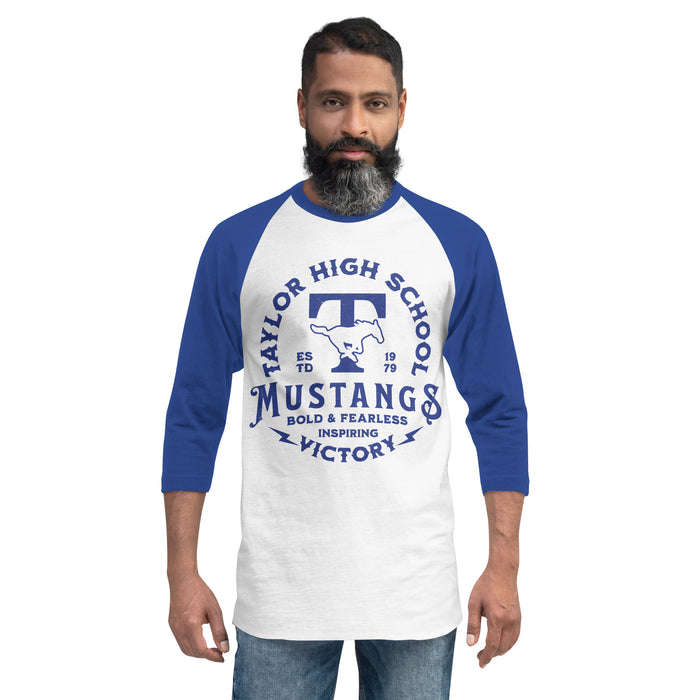 Man wearing Taylor High School Mustangs Unisex 3/4 sleeve Raglan T-shirt 206