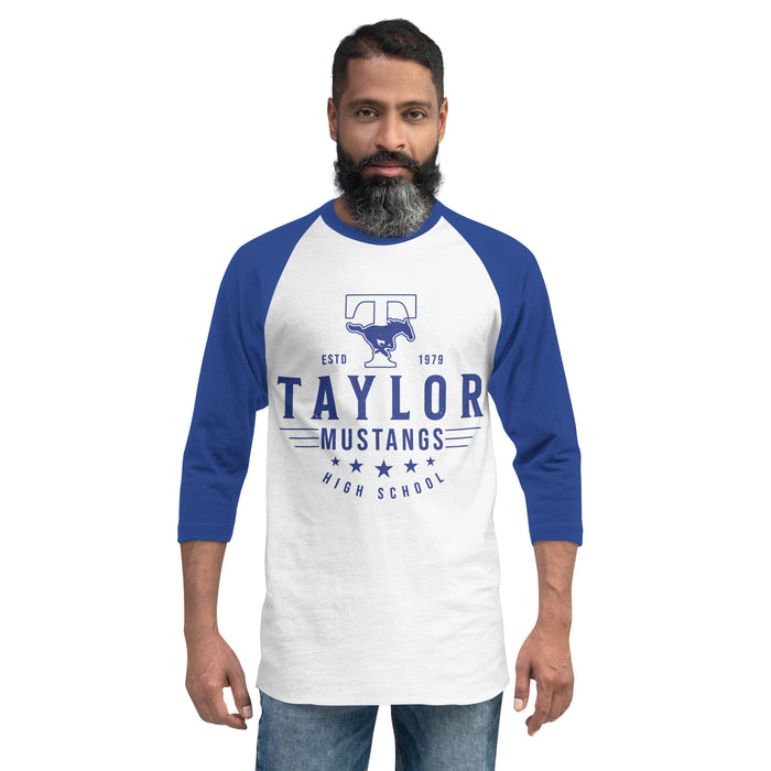 Man wearing Taylor High School Mustangs Unisex 3/4 sleeve Raglan T-shirt 217