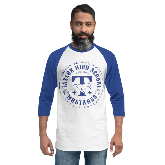 Man wearing Taylor High School Mustangs Unisex 3/4 sleeve Raglan T-shirt 214