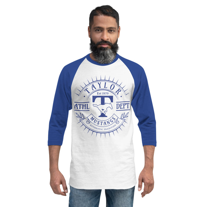 Man wearing Taylor High School Mustangs Unisex 3/4 sleeve Raglan T-shirt 201