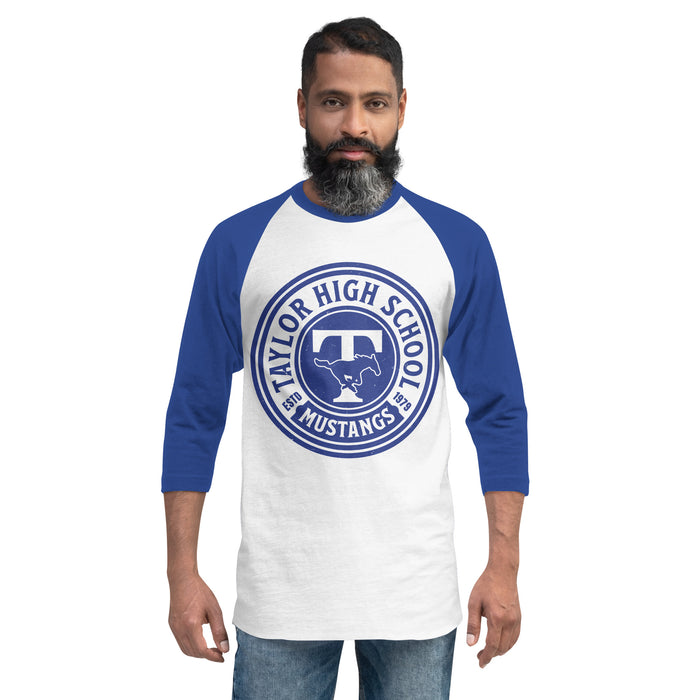 Man wearing Taylor High School Mustangs Unisex 3/4 sleeve Raglan T-shirt 220