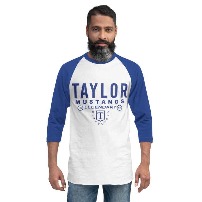 Man wearing Taylor High School Mustangs Unisex 3/4 sleeve Raglan T-shirt 003