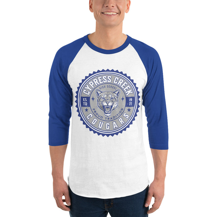 Man wearing Cypress Creek High School Cougars Unisex 3/4 sleeve Raglan T-shirt 203