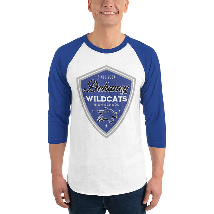 Man wearing Dekaney High School Wildcats Unisex 3/4 sleeve Raglan T-shirt 225