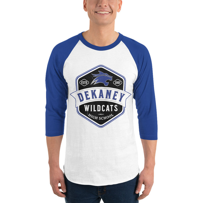 Man wearing Dekaney High School Wildcats Unisex 3/4 sleeve Raglan T-shirt 209