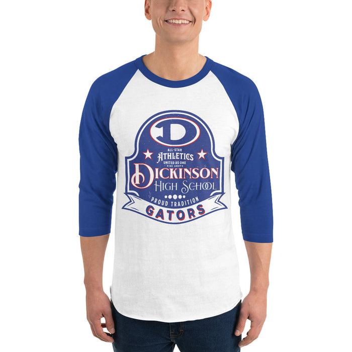 Man wearing Dickinson High School Gators Unisex 3/4 sleeve Raglan T-shirt 219