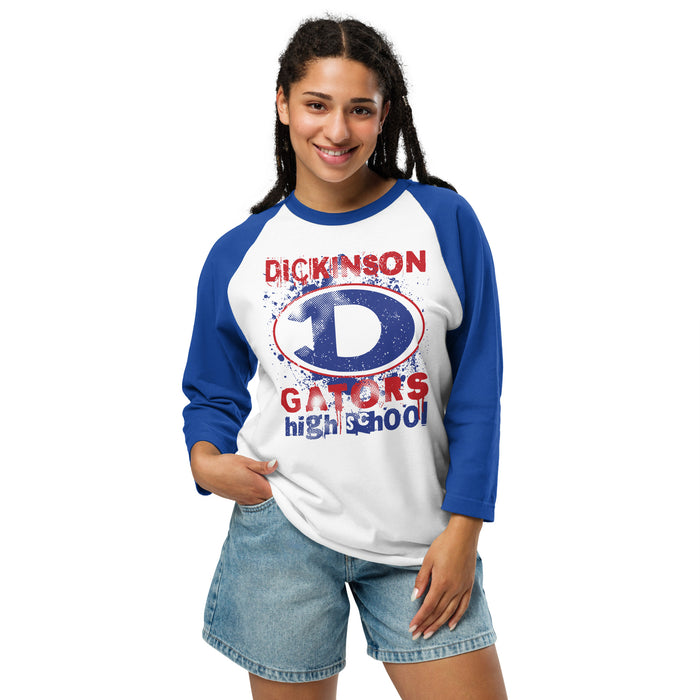 Woman wearing Dickinson High School Gators Unisex 3/4 sleeve Raglan T-shirt 205