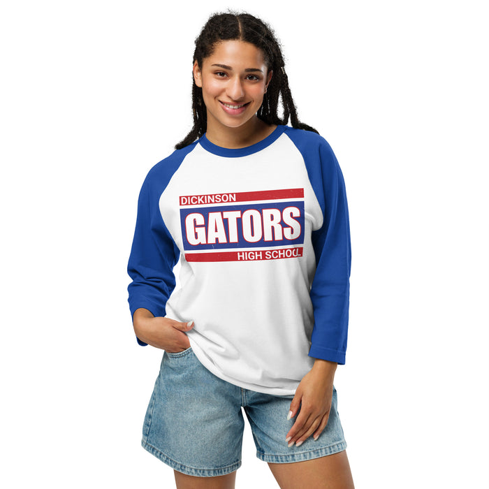 Woman wearing Dickinson High School Gators Unisex 3/4 sleeve Raglan T-shirt 098