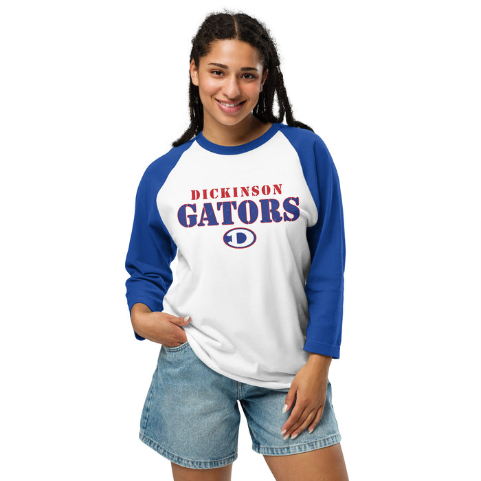 Woman wearing Dickinson High School Gators Unisex 3/4 sleeve Raglan T-shirt 017