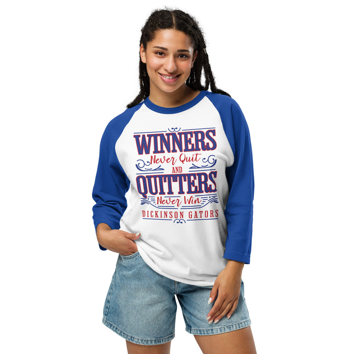 Woman wearing Dickinson High School Gators Unisex 3/4 sleeve Raglan T-shirt 237