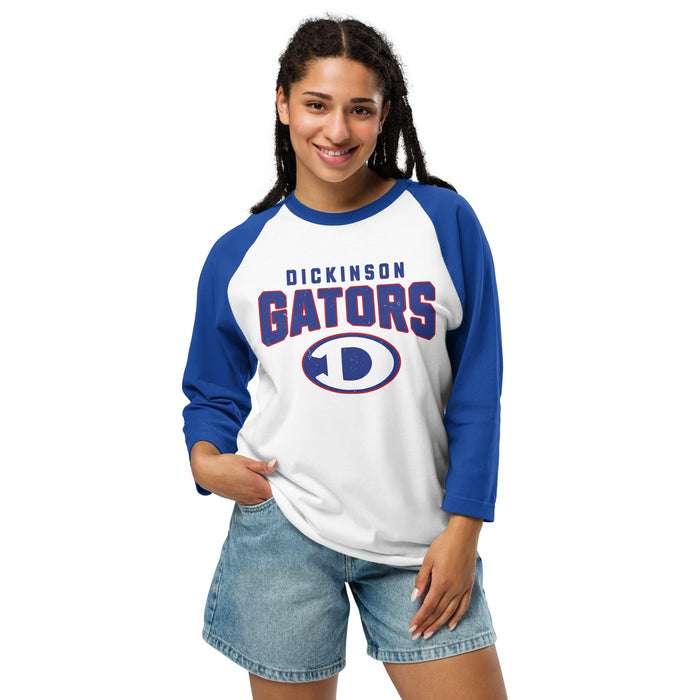 Woman wearing Dickinson High School Gators Unisex 3/4 sleeve Raglan T-shirt 234