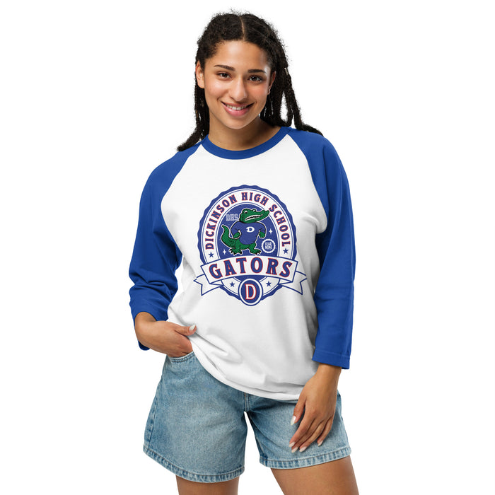 Woman wearing Dickinson High School Gators Unisex 3/4 sleeve Raglan T-shirt 212