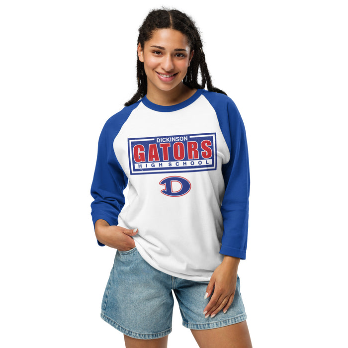 Woman wearing Dickinson High School Gators Unisex 3/4 sleeve Raglan T-shirt 049