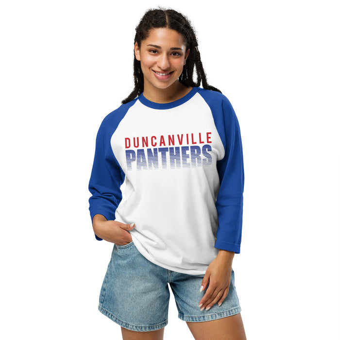 Woman wearing Duncanville High School Panthers Unisex 3/4 sleeve Raglan T-shirt 024