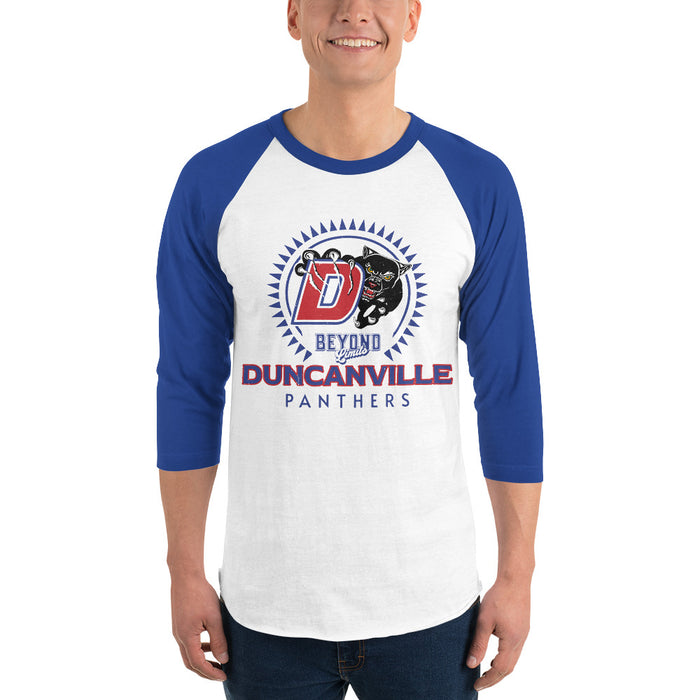 Man wearing Duncanville High School Panthers Unisex 3/4 sleeve Raglan T-shirt 226