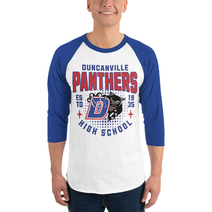 Man wearing Duncanville High School Panthers Unisex 3/4 sleeve Raglan T-shirt 204