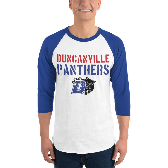 Man wearing Duncanville High School Panthers Unisex 3/4 sleeve Raglan T-shirt 017