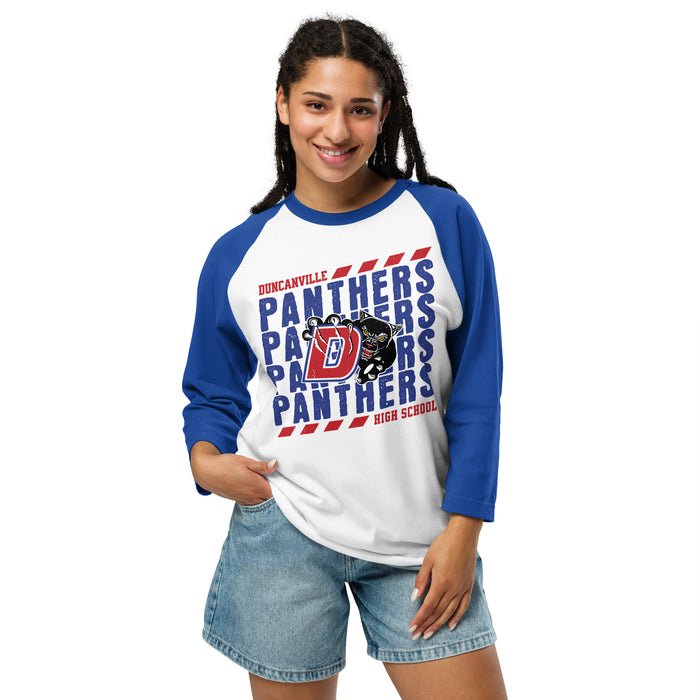 Woman wearing Duncanville High School Panthers Unisex 3/4 sleeve Raglan T-shirt 223