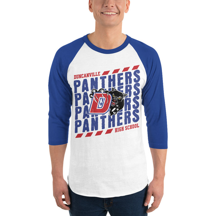 Man wearing Duncanville High School Panthers Unisex 3/4 sleeve Raglan T-shirt 223