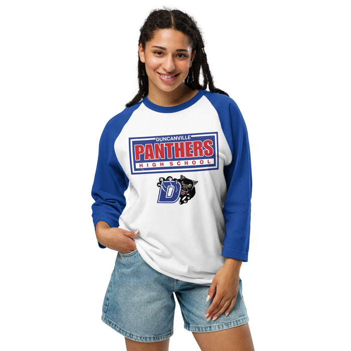 Woman wearing Duncanville High School Panthers Unisex 3/4 sleeve Raglan T-shirt 049