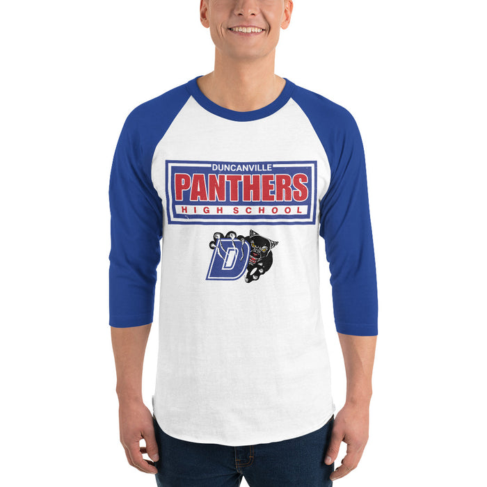Man wearing Duncanville High School Panthers Unisex 3/4 sleeve Raglan T-shirt 049
