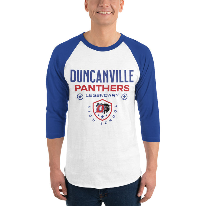 Man wearing Duncanville High School Panthers Unisex 3/4 sleeve Raglan T-shirt 003