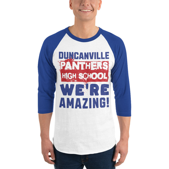 Man wearing Duncanville High School Panthers Unisex 3/4 sleeve Raglan T-shirt 231