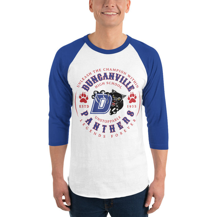Man wearing Duncanville High School Panthers Unisex 3/4 sleeve Raglan T-shirt 214
