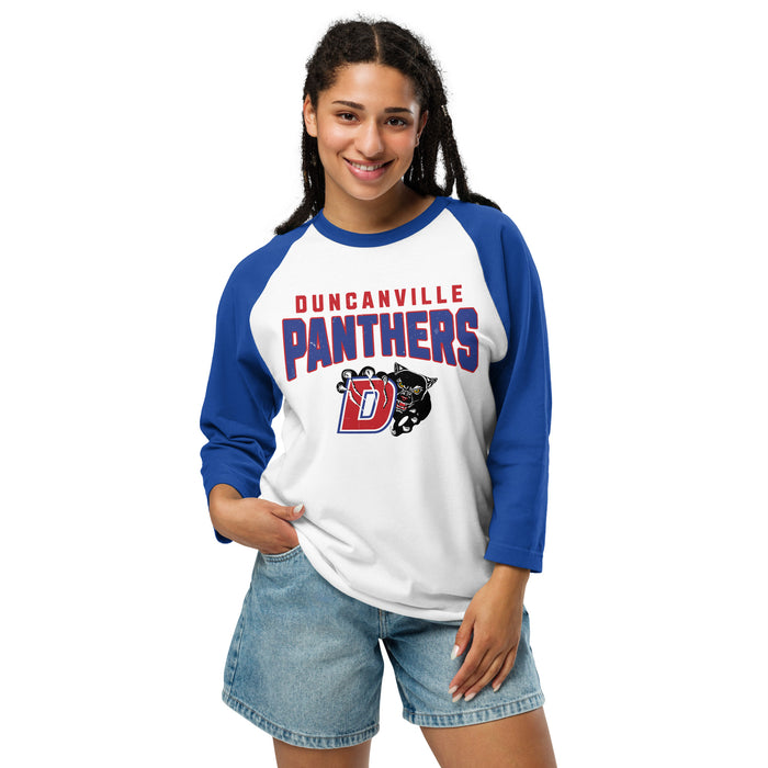 Woman wearing Duncanville High School Panthers Unisex 3/4 sleeve Raglan T-shirt 234