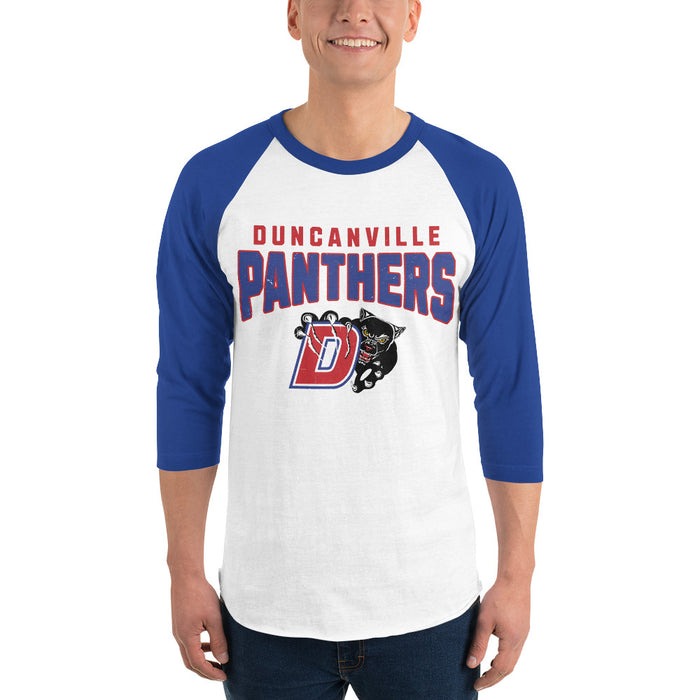 Man wearing Duncanville High School Panthers Unisex 3/4 sleeve Raglan T-shirt 234