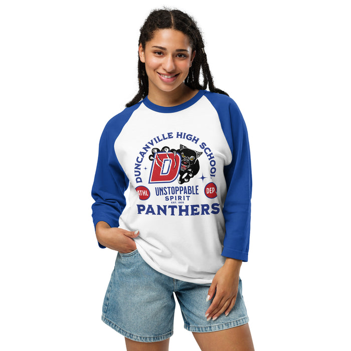 Woman wearing Duncanville High School Panthers Unisex 3/4 sleeve Raglan T-shirt 208