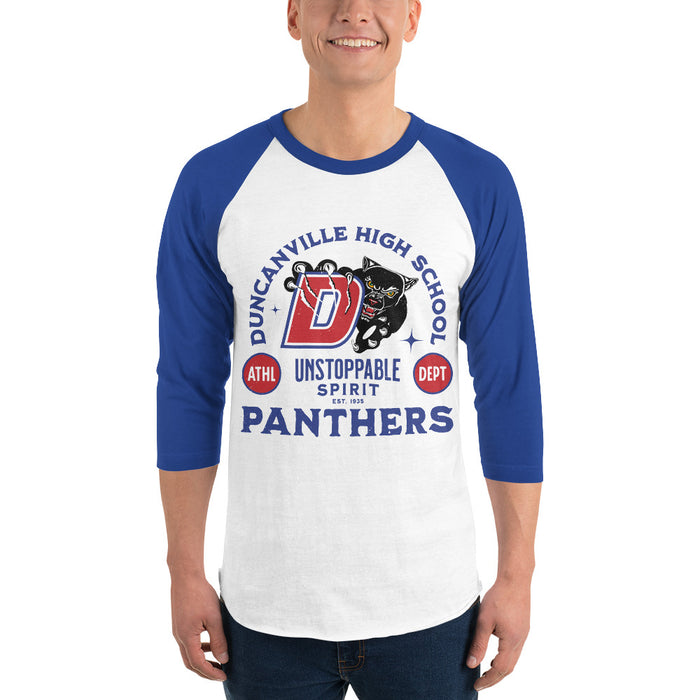 Man wearing Duncanville High School Panthers Unisex 3/4 sleeve Raglan T-shirt 208