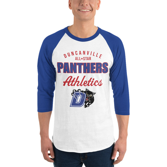 Man wearing Duncanville High School Panthers Unisex 3/4 sleeve Raglan T-shirt 034