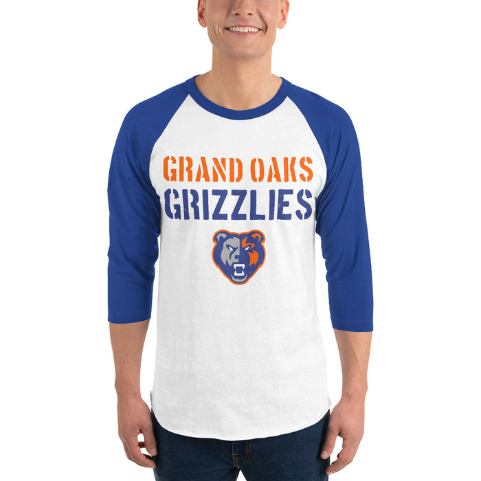 Man wearing Grand Oaks High School Grizzlies Unisex 3/4 sleeve Raglan T-shirt 017