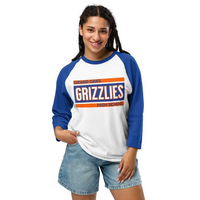 Woman wearing Grand Oaks High School Grizzlies Unisex 3/4 sleeve Raglan T-shirt 098