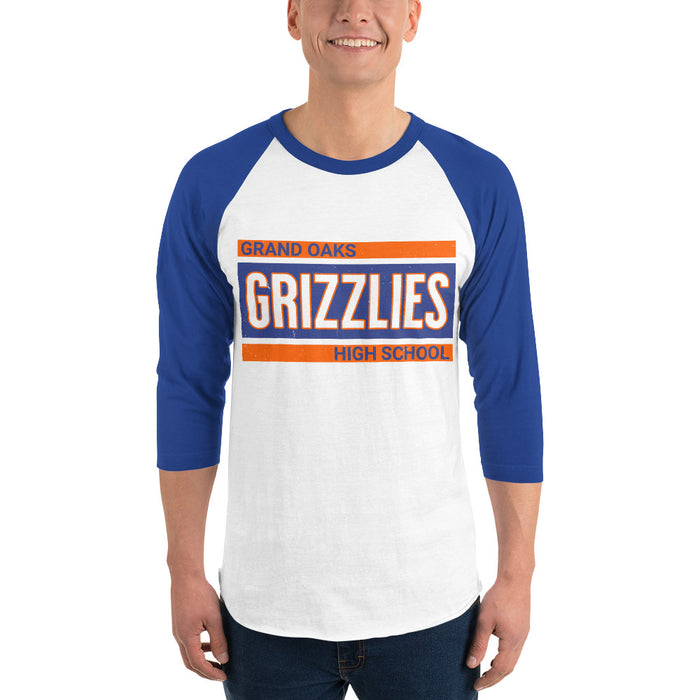 Man wearing Grand Oaks High School Grizzlies Unisex 3/4 sleeve Raglan T-shirt 098