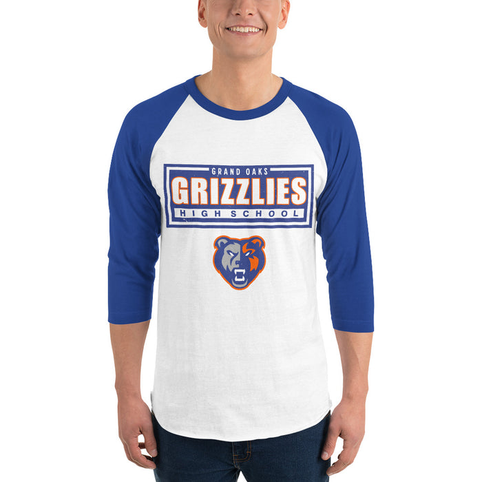 Man wearing Grand Oaks High School Grizzlies Unisex 3/4 sleeve Raglan T-shirt 049