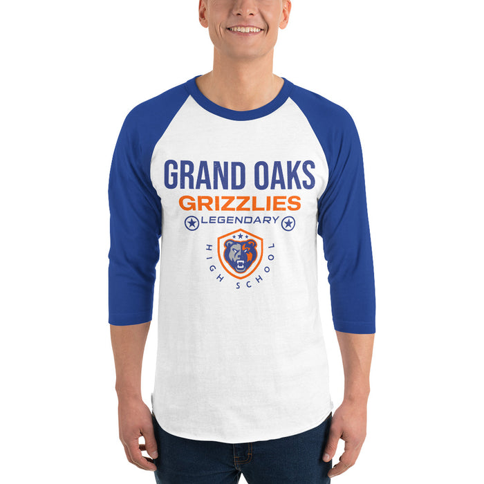 Man wearing Grand Oaks High School Grizzlies Unisex 3/4 sleeve Raglan T-shirt 003