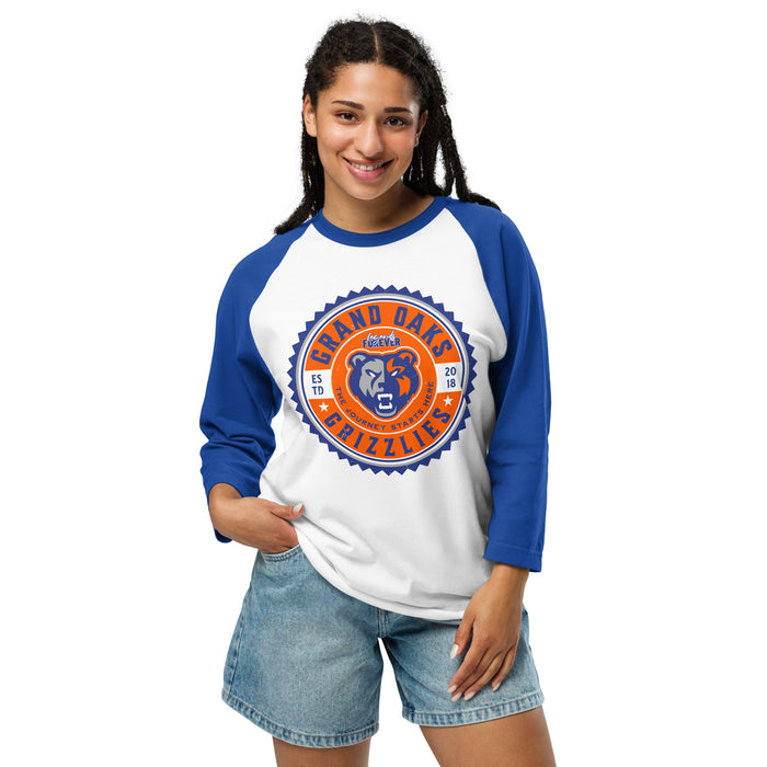 Woman wearing Grand Oaks High School Grizzlies Unisex 3/4 sleeve Raglan T-shirt 203